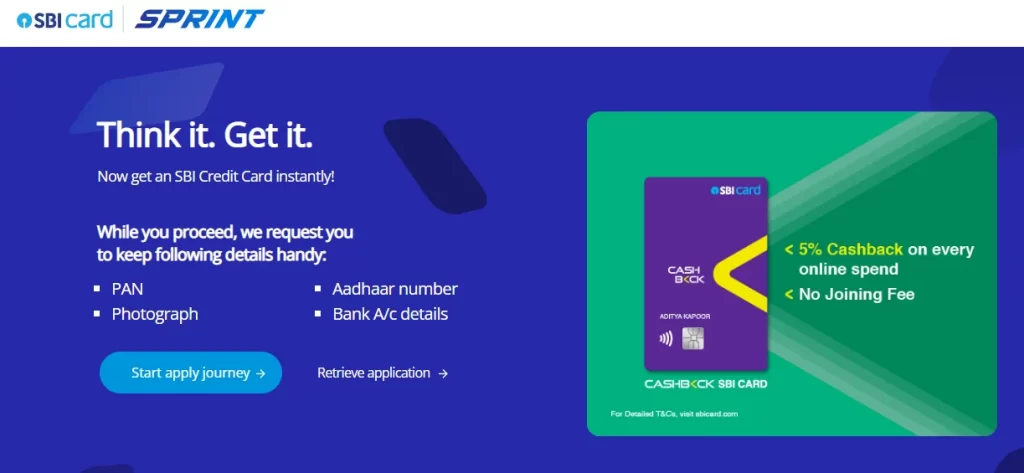 Cashback SBI credit card apply page