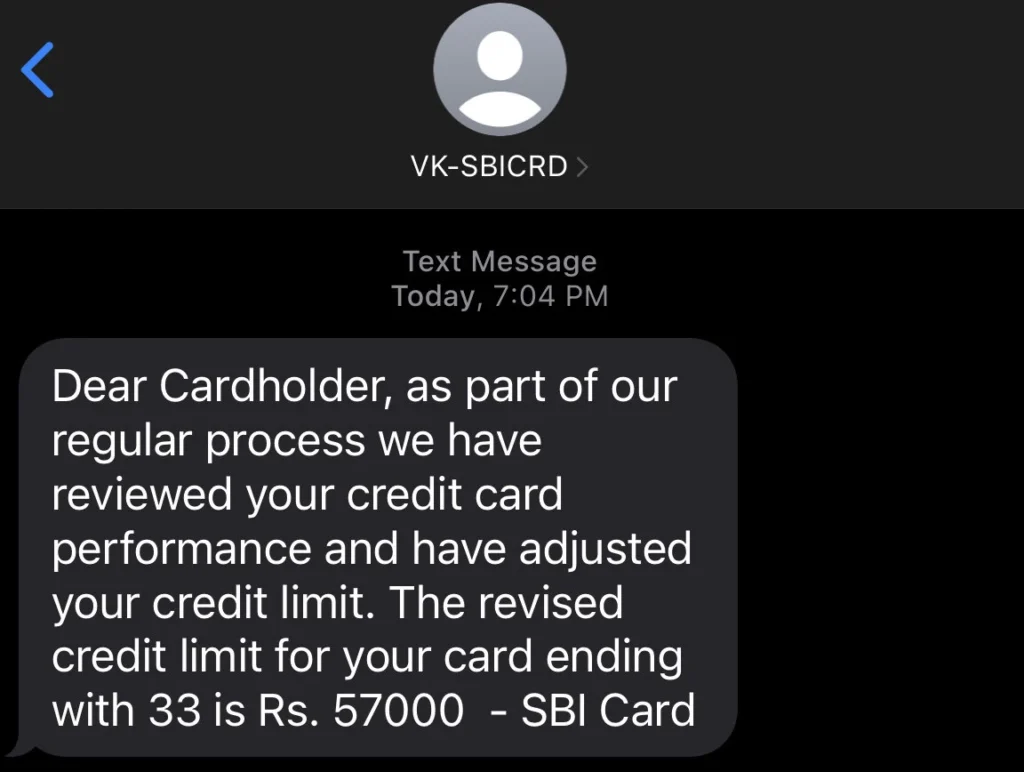 SBI Credit Card Limit Decrease SMS